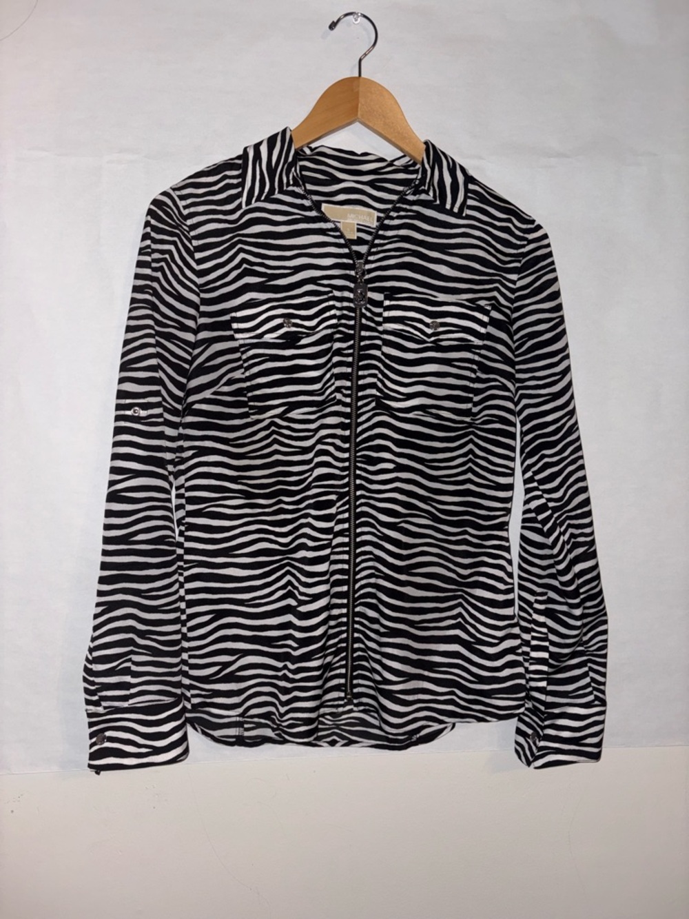 Michael Kors Zebra Print Zip Jacket Small Black White Shirt Top
